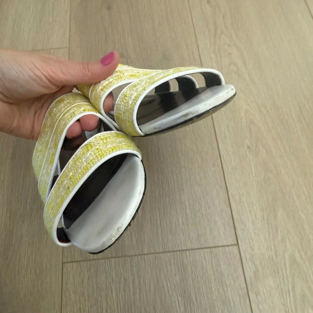 HH STAUD Yellow Tweed Triple Strap Slide Sandal White Leather Trim Flat Slide 38
